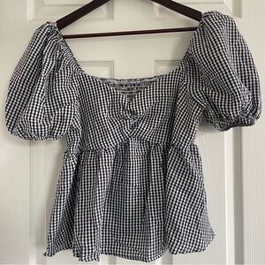 Black & White Gingham Puff Sleeve Peasant Top